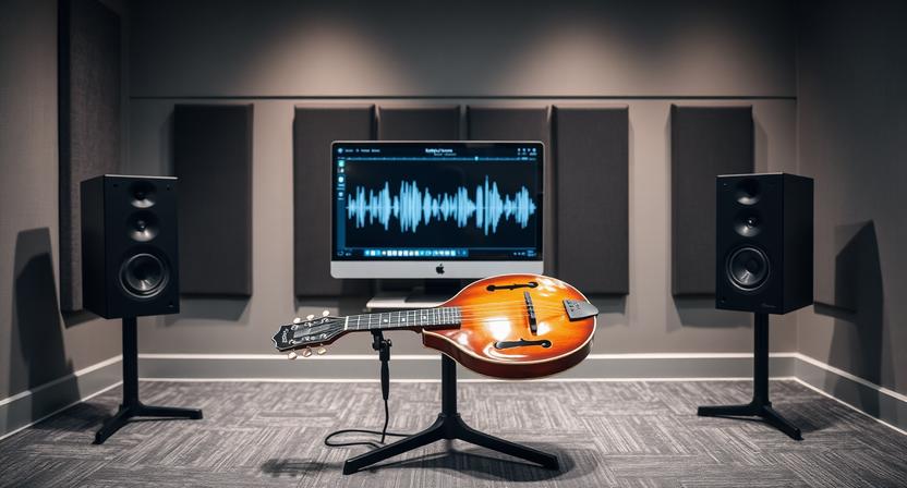 Mandolin beside premium speakers used for audio testing