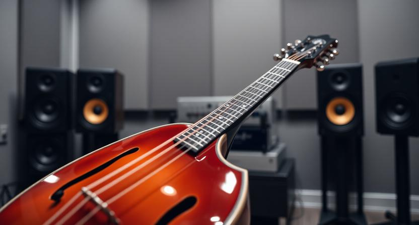 Person tuning a mandolin near premium speakers for sound testing