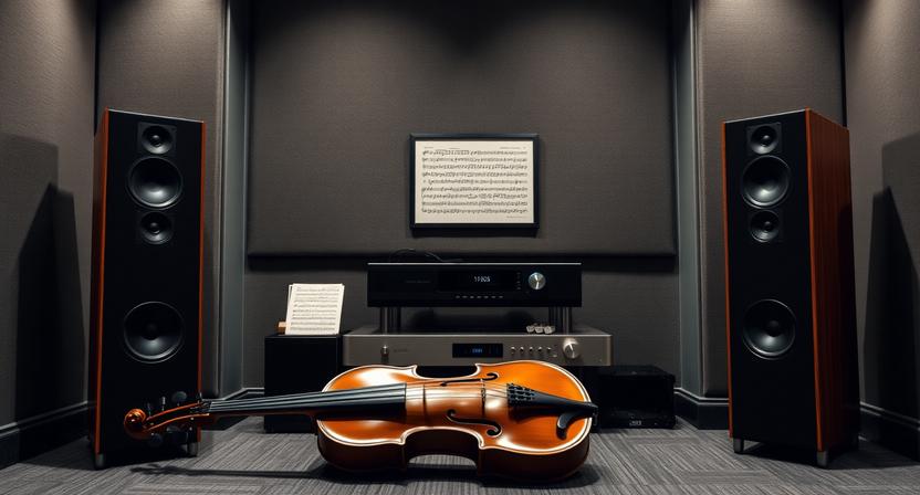 Traditional Irish fiddle beside premium speakers for audio testing