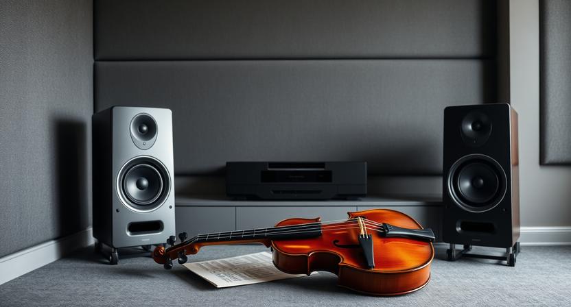 Beginner fiddle beside premium speakers in a listening room