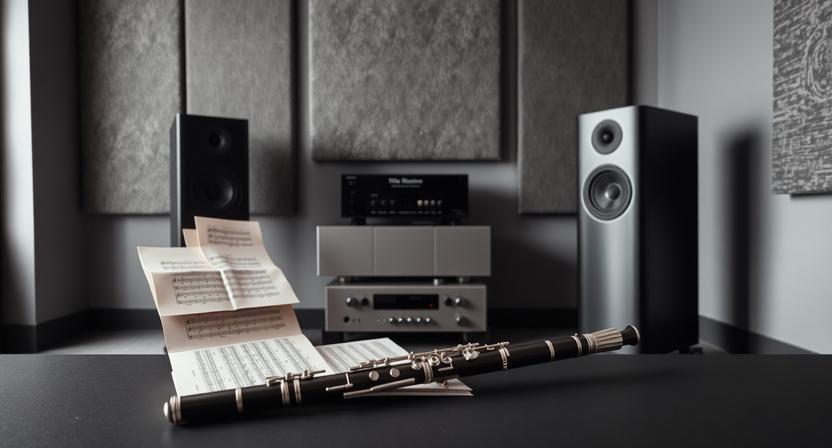 Professional flute beside premium speakers in a listening room