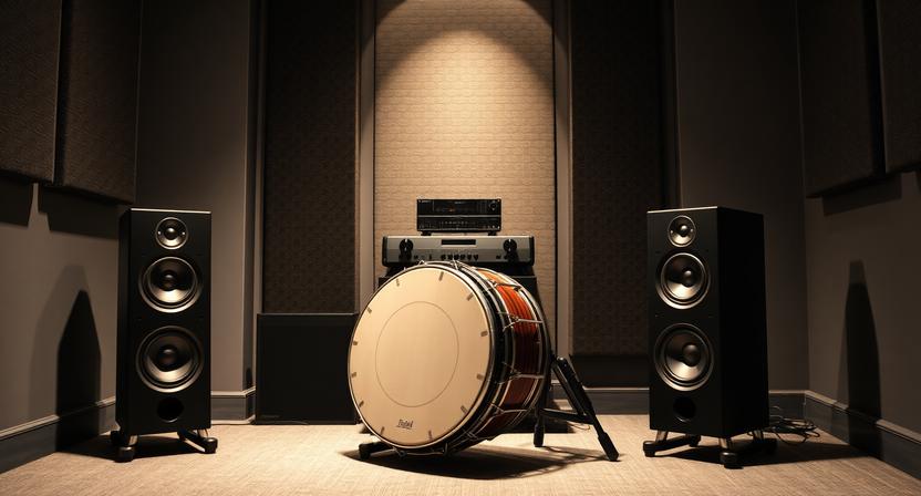 Traditional Irish bodhrán beside premium speakers for audio testing