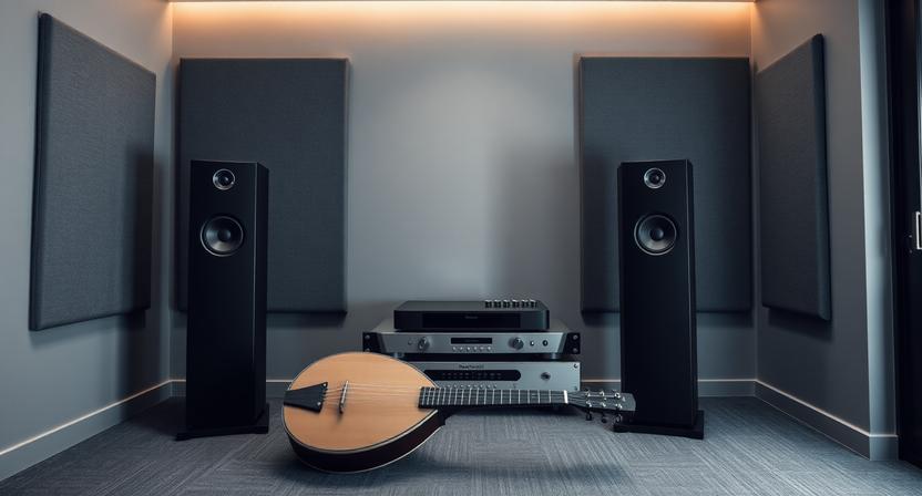 Traditional bouzouki beside premium speakers in a listening room