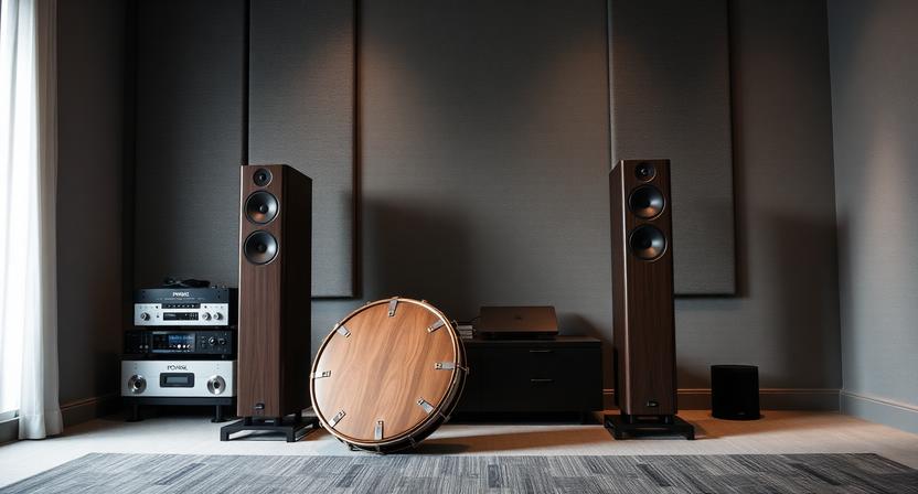 Traditional bodhrán Irish drum beside premium speakers for sound testing