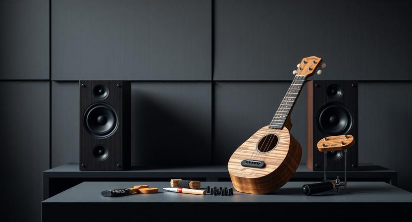 DIY ukulele kit beside premium speakers in a listening room